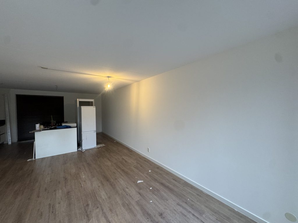 Lange woonkamer van een appartement met een strak afgewerkte witte wand en een keukenblok achterin